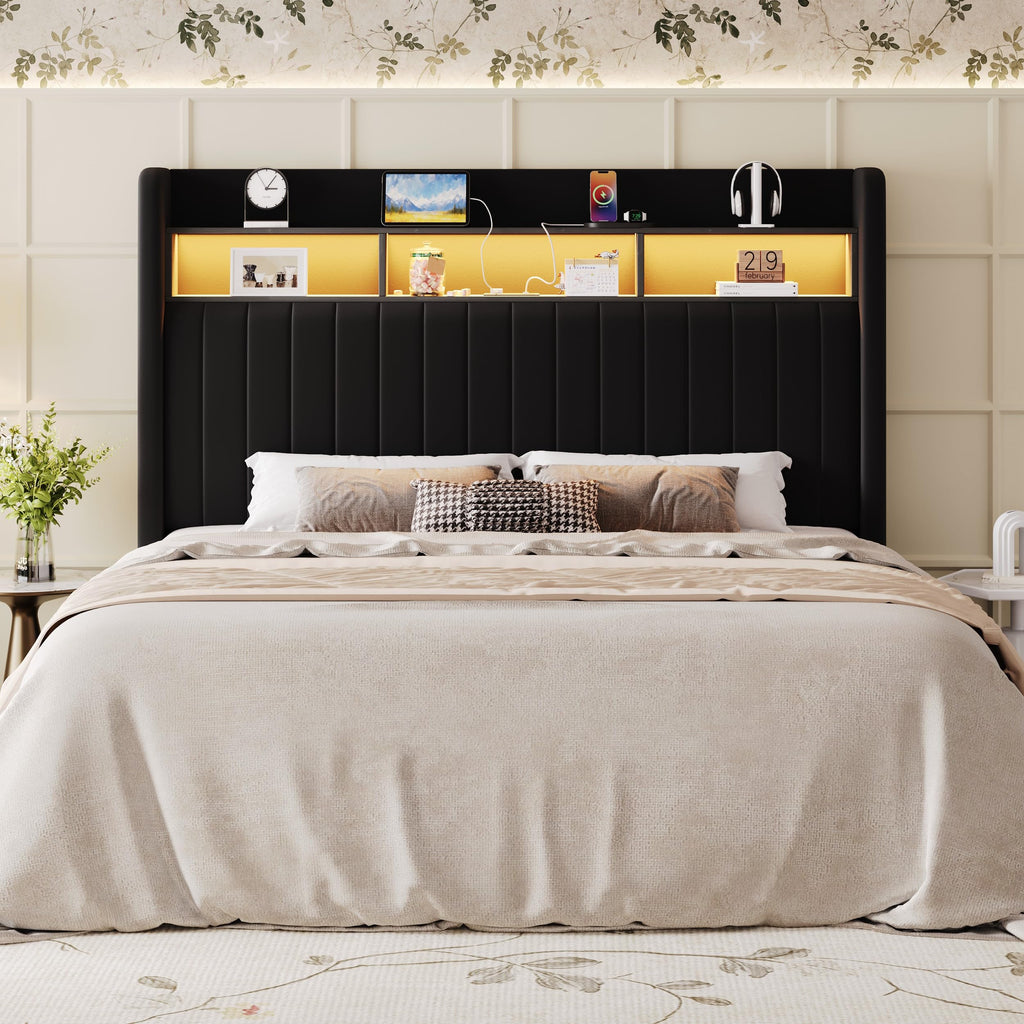 Full Size Velvet Upholstered Platform Bed Frame with Storage Shelf B387