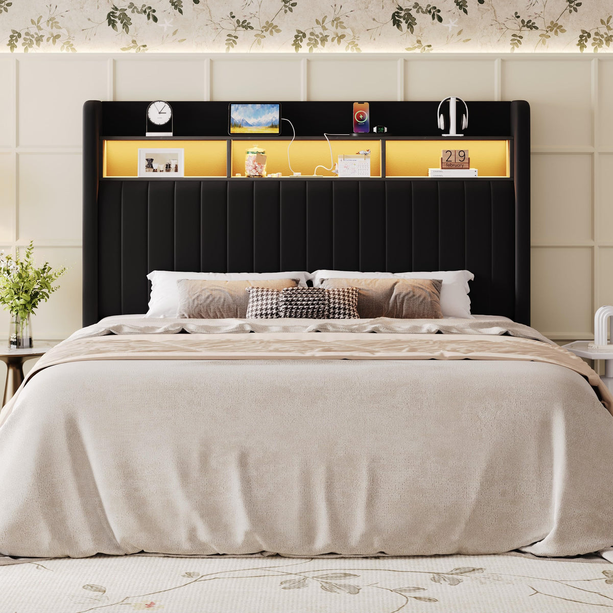 Full Size Velvet Upholstered Platform Bed Frame with Storage Shelf B387