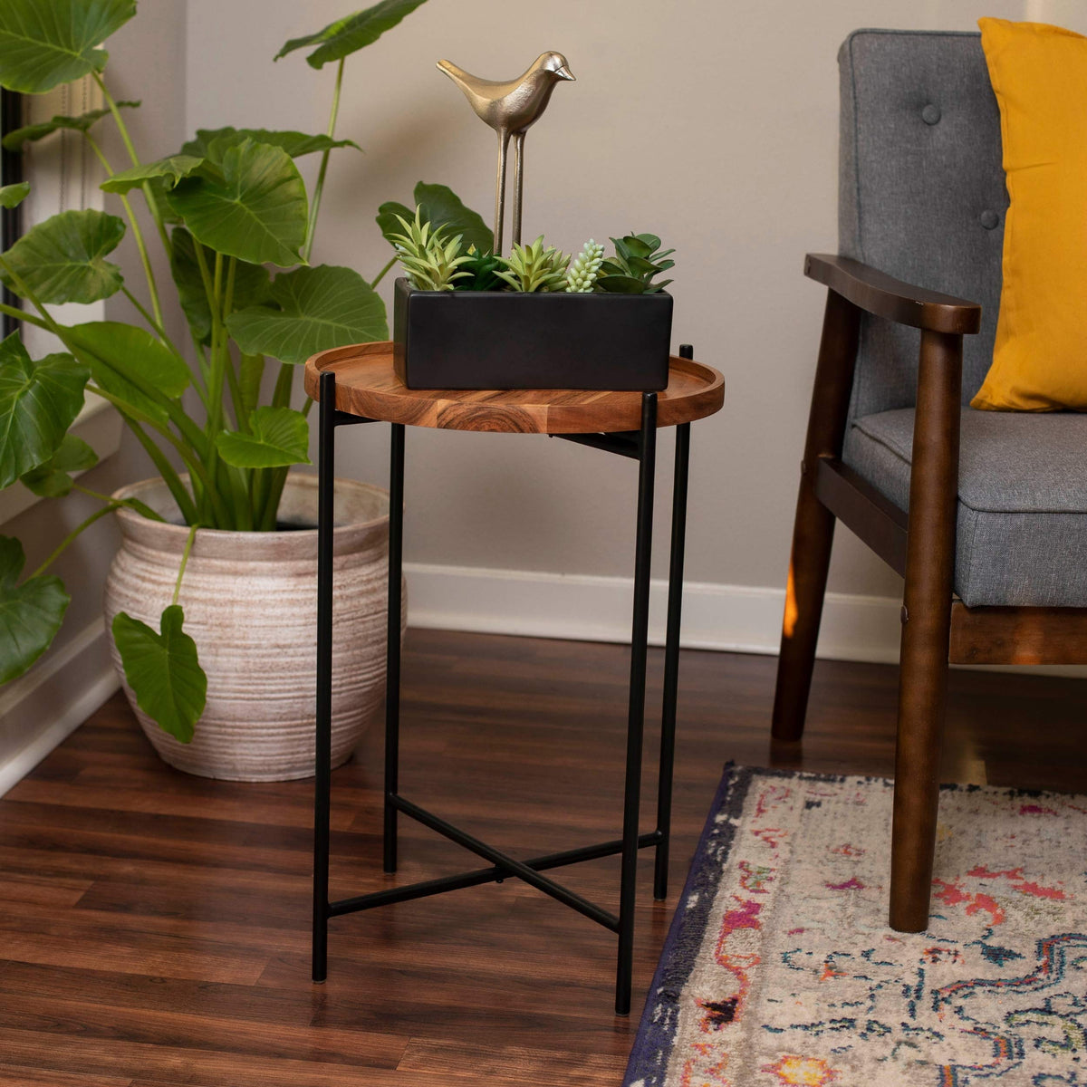 Folding Side Table with Removable Wood Tray Top J897446