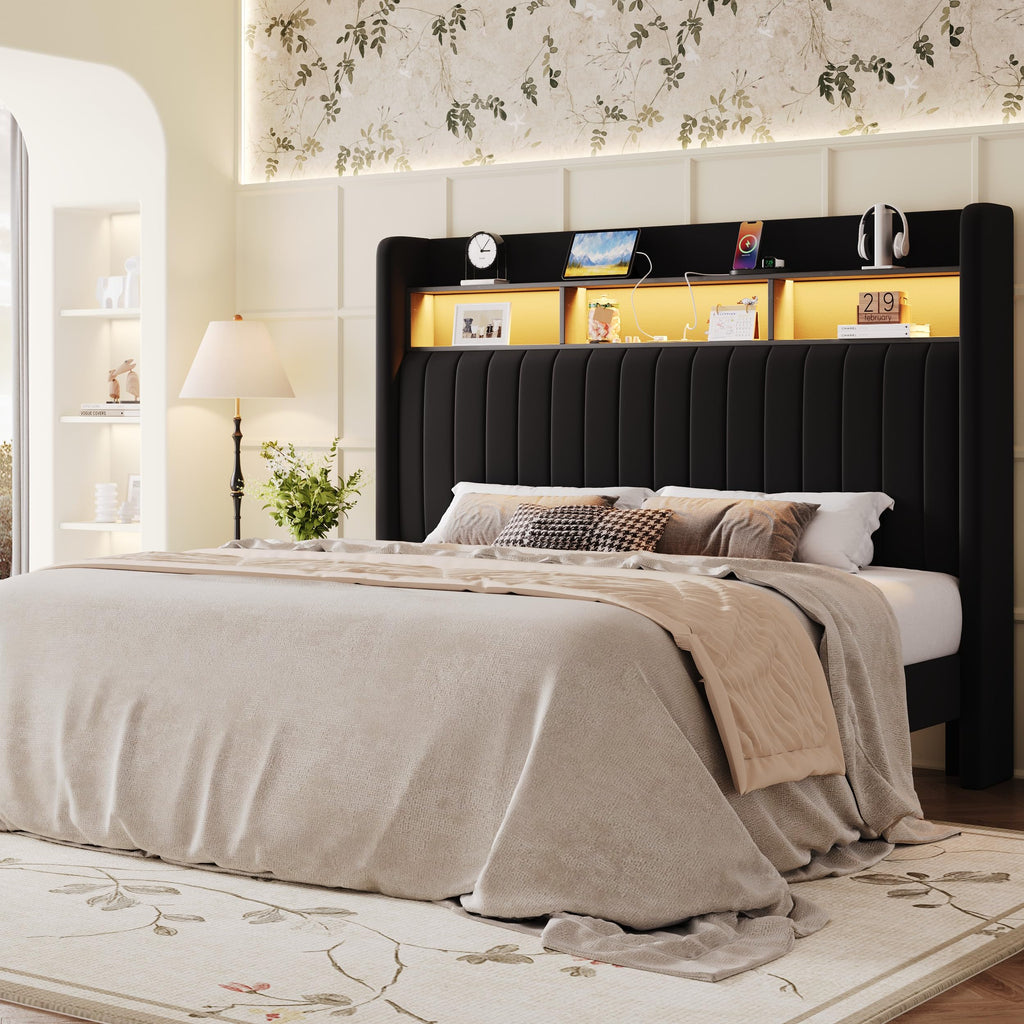 Full Size Velvet Upholstered Platform Bed Frame with Storage Shelf B387